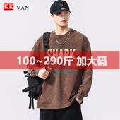 男装 秋季 新品 300斤大码 复古做旧长袖 T恤男宽松水洗立体印花上衣