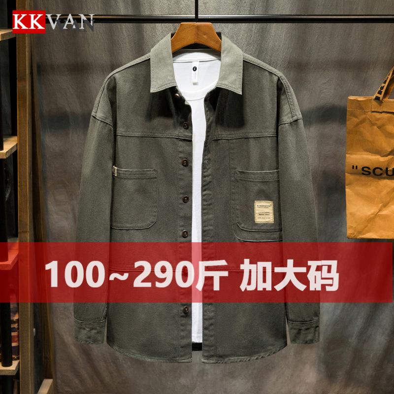 复古工装牛仔衬衫男大码