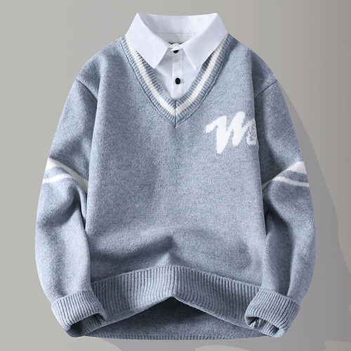 Комплект, мужской демисезонный свитер, трикотажная трендовая рубашка для отдыха, оверсайз