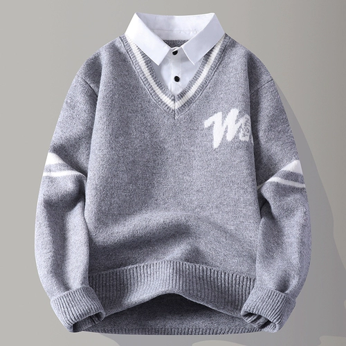 Комплект, мужской демисезонный свитер, трикотажная трендовая рубашка для отдыха, оверсайз