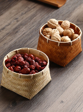 天然手工竹编小篓子方底圆口竹篮子零食点心收纳筐家用复古小篮子