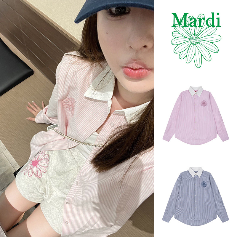 Mardi小雏菊刺绣条纹长袖衬衫女