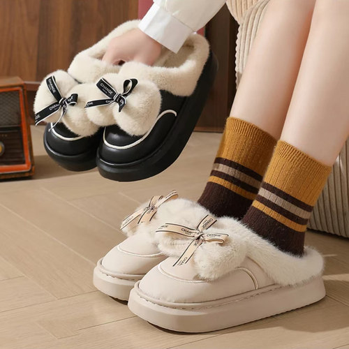 时尚蝴蝶结皮面防水棉拖鞋加绒