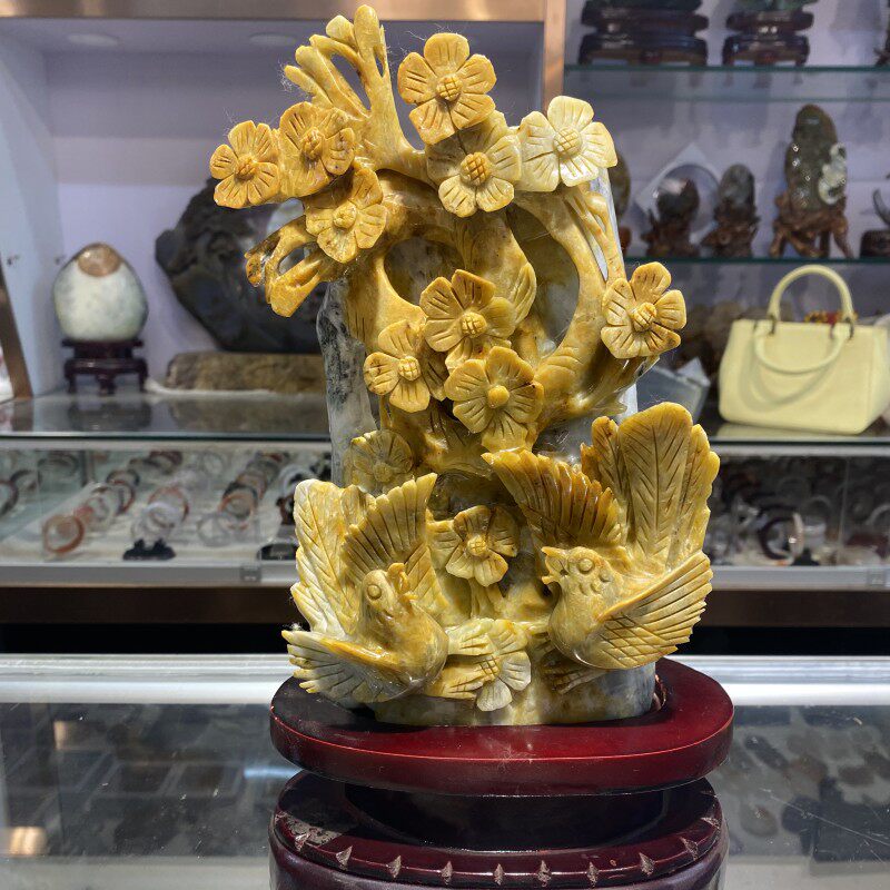 天然岫玉石笔筒摆件花玉喜上眉梢中式古风民族家居办公收藏送礼