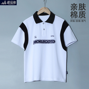 胖男童短袖t恤中大童Polo衫宽松翻领拼色上衣青少年男孩体恤衫