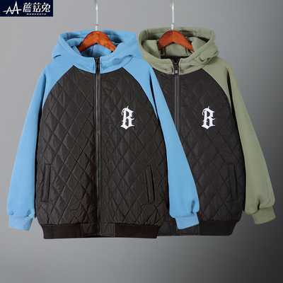 男童夹棉棉服外套胖童连帽拉链冬装青少年薄棉袄洋气男孩宽松卫衣