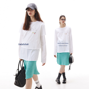 T恤女秋长袖 100棉涂鸦印花短袖 上衣 微风絮语 晶咕白标DADATATA