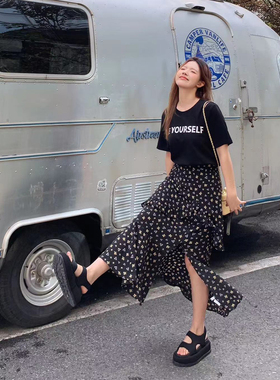 晶咕白标DADATATA 拼接T恤假两件碎花连衣裙女宽松大码mm裙子