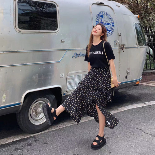 晶咕白标DADATATA 拼接T恤假两件碎花连衣裙女宽松大码mm裙子