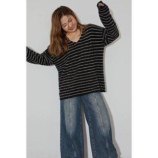 2022新款 宽松慵懒风V领毛衣 晶咕家定制胖mm条纹针织上衣女冬季