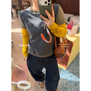 晶咕白标DADATATA【叠叠乐】新款大码女装微胖假两件拼色针织毛衣