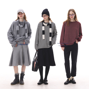 晶咕白标DADATATA内里加绒显瘦直筒牛仔裤 条纹针织带围巾毛衣