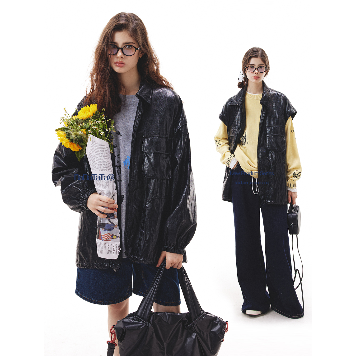 晶咕白标DADATATA【摩登飒秋】设计感袖口可拆卸休闲皮衣外套女秋