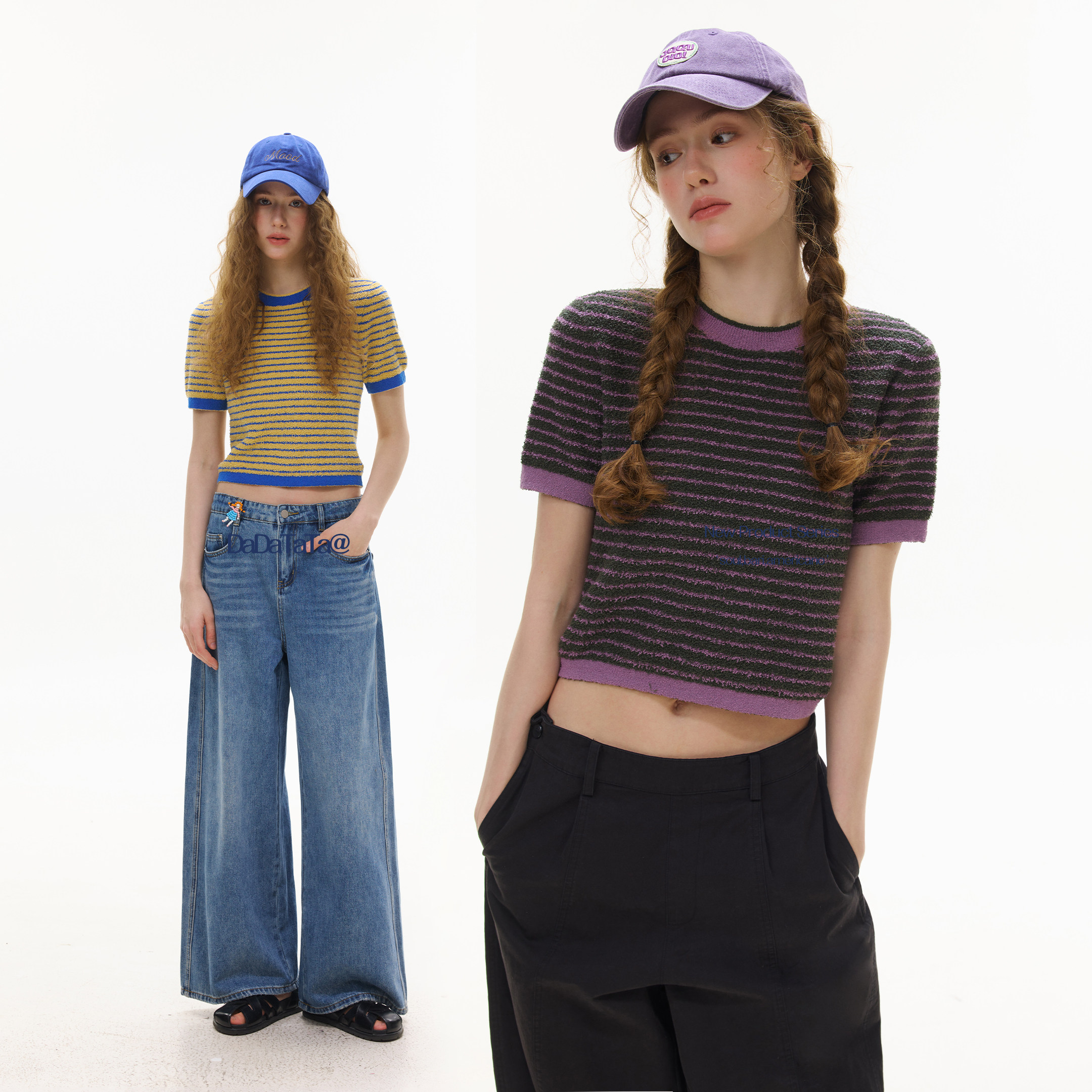 晶咕白标DADATATA 夏季新款【奶油千层】大码女装条纹针织短袖T恤