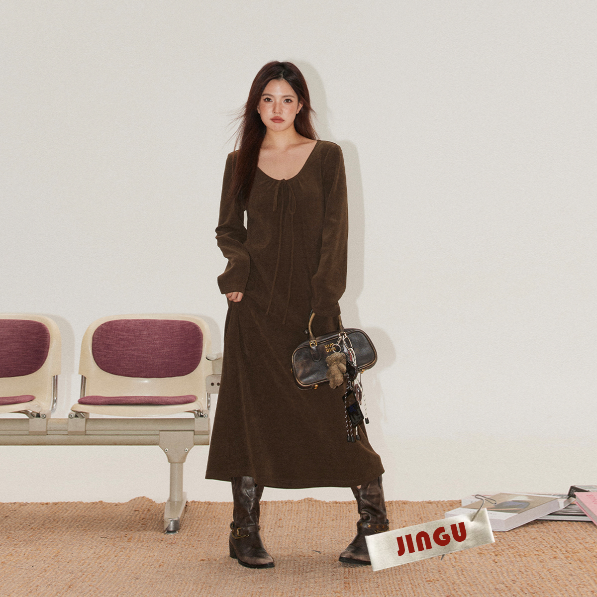 韩版A子裙纯色宽松腰连衣裙