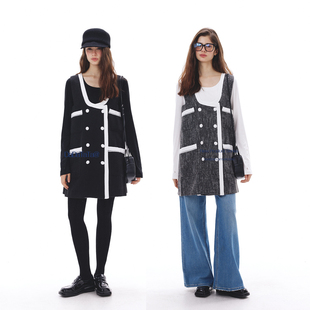 晶咕白标DADATATA 小香风肌理编织大U领撞色背带裙女 巴黎邂逅