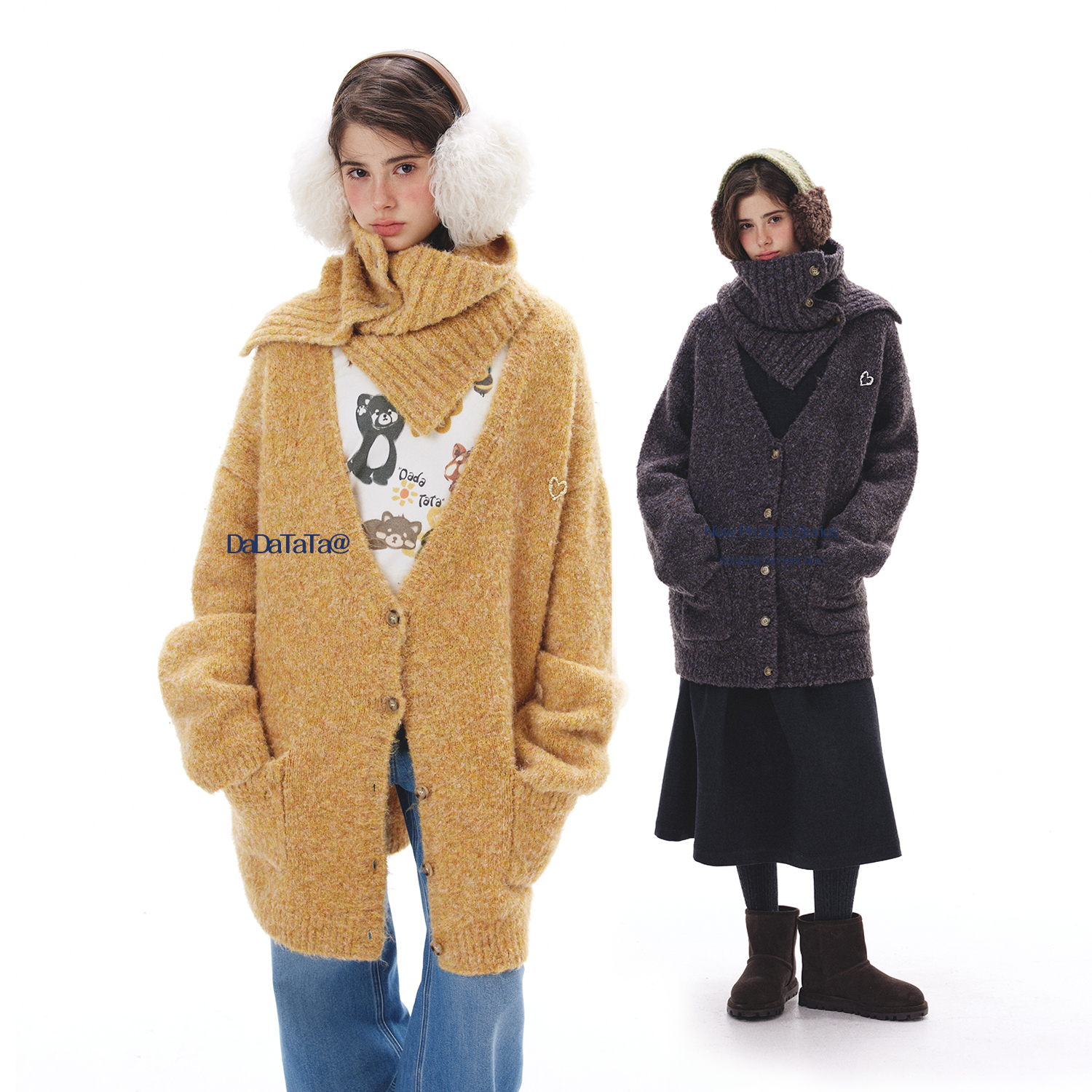 晶咕白标DADATATA【挪威梦境】猫猫圈肌理大V领针织开衫围巾套装