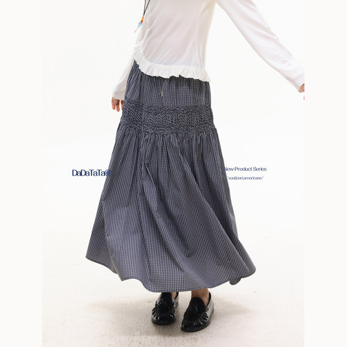 晶咕白标DADATATA 春季新款【假日茶叙】大码女装松紧格纹半身裙