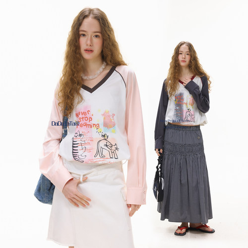 晶咕白标DADATATA 春季新款【甜梦猫咪】V领大码女装胖mm长袖T恤