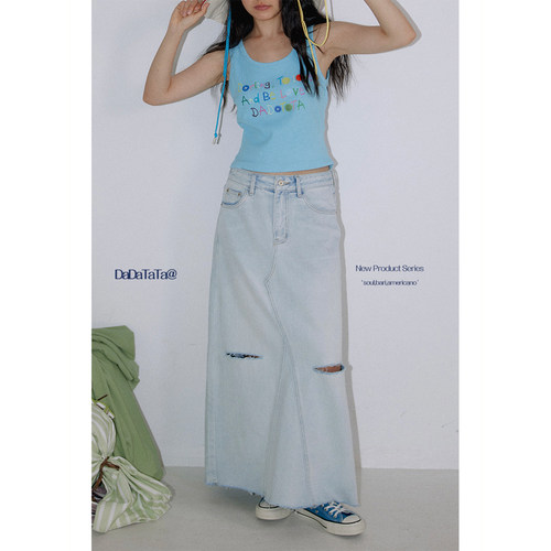 晶咕白标DADATATA【街角画刊】破洞中长款牛仔半身裙女夏大码裙子