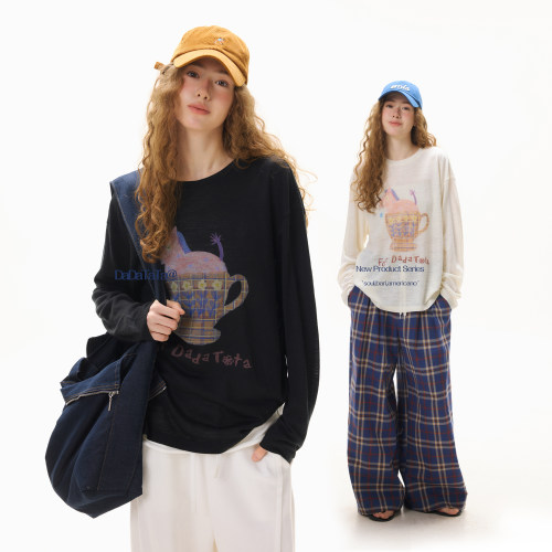 晶咕白标DADATATA【春日晴空】新款大码女装胖mm小马印花长袖T恤