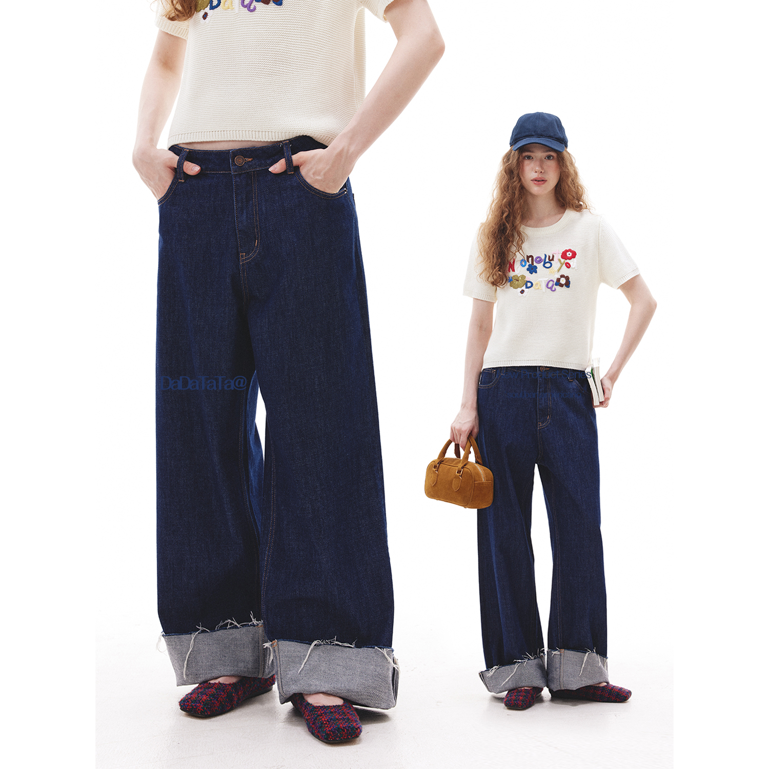 晶咕白标DADATATA【街头瞬间】莱赛尔醋纤翻折裤脚明线牛仔阔腿裤