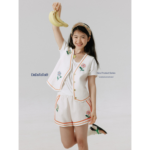 套装 晶咕白标DADATATA 短裤 艺术写生 莱赛尔亚麻刺绣马甲女夏季