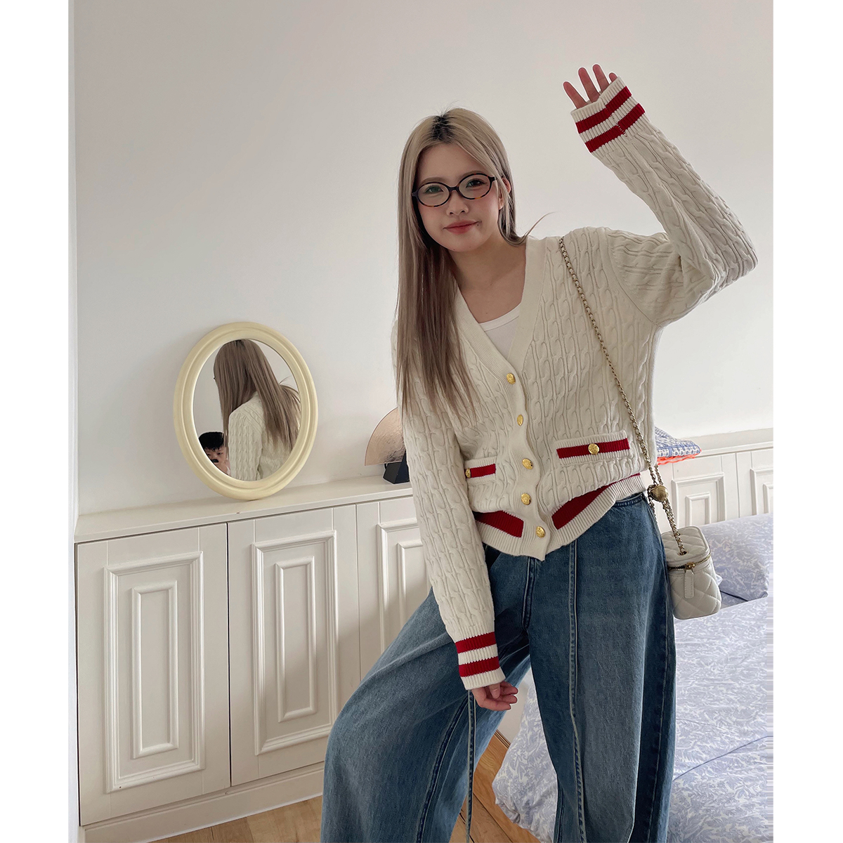 晶咕小香风麻花纹开衫毛衣