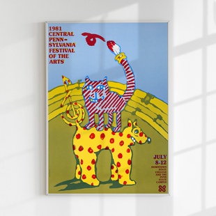 猫猫狗狗 复古粗笔画波点 复古可爱家居咖啡店宠物装饰画 海报