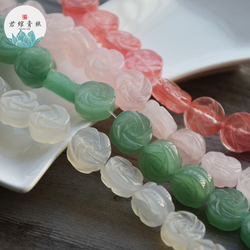 君绾青丝天然东陵玉粉晶手工雕刻14MM双面玫瑰花发簪璎珞diy材料