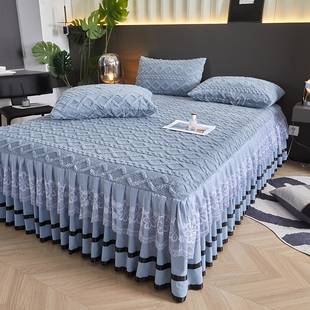 2026秋冬新款 加厚牛奶珊瑚法兰绒床裙单件三件套遮丑下摆蕾丝床罩