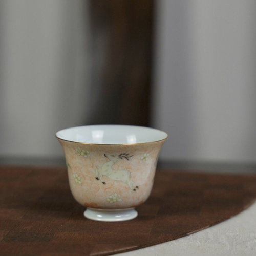 赋山堂景德镇手工手绘茶杯陶瓷釉上彩鹿禄圈纹高端品茗主人杯高档