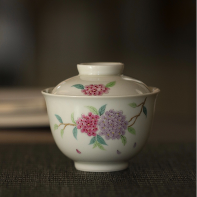 景德镇手绘仿古定窑白绣球花盖碗陶瓷盖碗茶杯不烫手二才泡茶碗