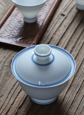 纯手绘釉下彩盖碗青莲双线粉青白陶瓷手工家用功夫茶具白瓷碗中式