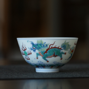 景德镇陶瓷全手工手绘仿古斗彩麒麟大碗杯大号主人杯内绘青花茶杯