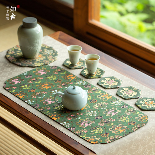 知舍瑞彩玄鸟纹织锦茶席垫中式复古宫廷干泡席双面用3色茶具配件