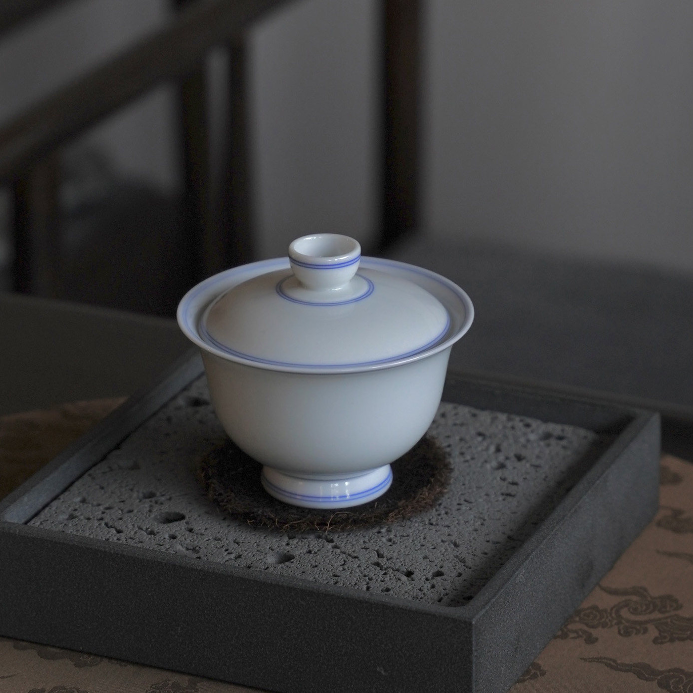 景德镇全手工陶瓷高足盖碗玉泥双线大容量二才泡茶碗防烫功夫茶具