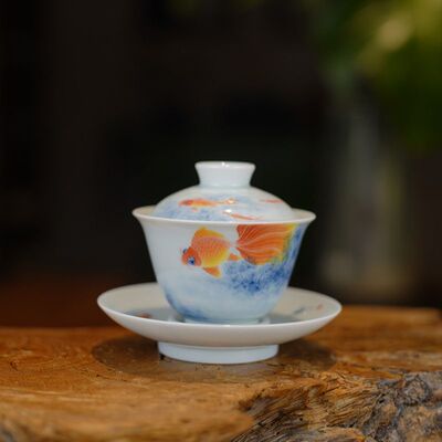 纯手工釉下五彩金鱼盖碗茶具三才小盖碗白瓷陶瓷茶空间岩茶盖碗