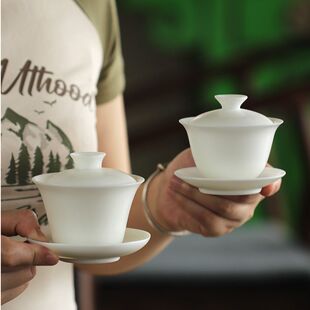 羊脂玉白瓷三才白瓷盖碗陶瓷泡茶碗薄胎岩茶素烧哑光功夫茶具