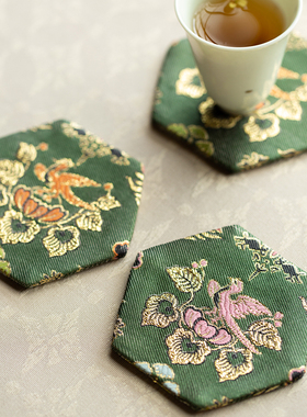 知舍瑞彩玄鸟纹织锦六角杯垫中式复古宫廷风手工双层茶垫茶道配件