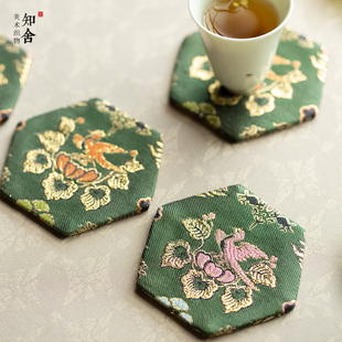 知舍瑞彩玄鸟纹织锦六角杯垫中式复古宫廷风手工双层茶垫茶道配件