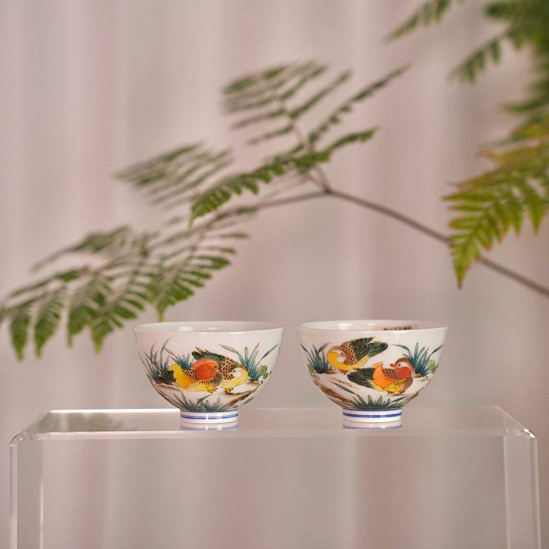 景德镇全手工陶瓷手绘釉下五彩鸳鸯杯主人杯大容量茶杯鸡心杯