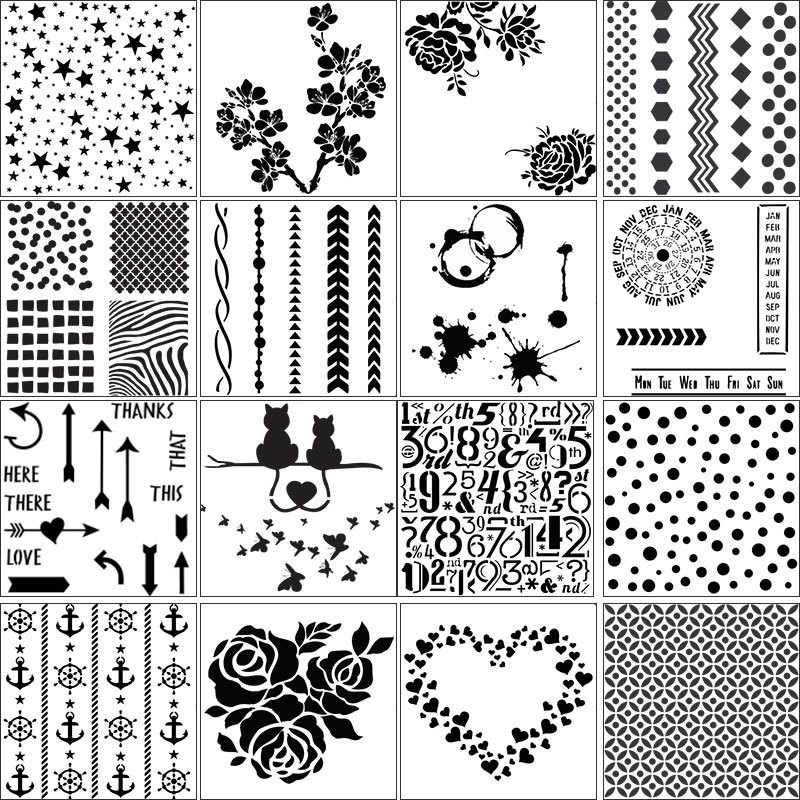 16pcs paint stencil预描花边尺喷雾蔽版描画遮蔽镂空模板喷花模