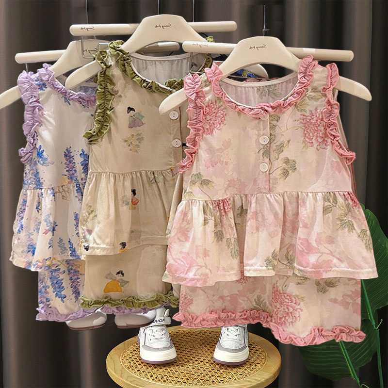 宝宝夏装套装婴儿夏季薄款棉绸人造棉衣服女宝女童绵绸洋气两件套