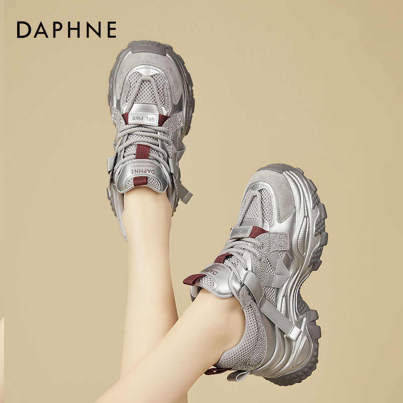 达芙妮厚底老爹鞋女款2025新款夏季女鞋增高爆款炸街银色运动鞋子