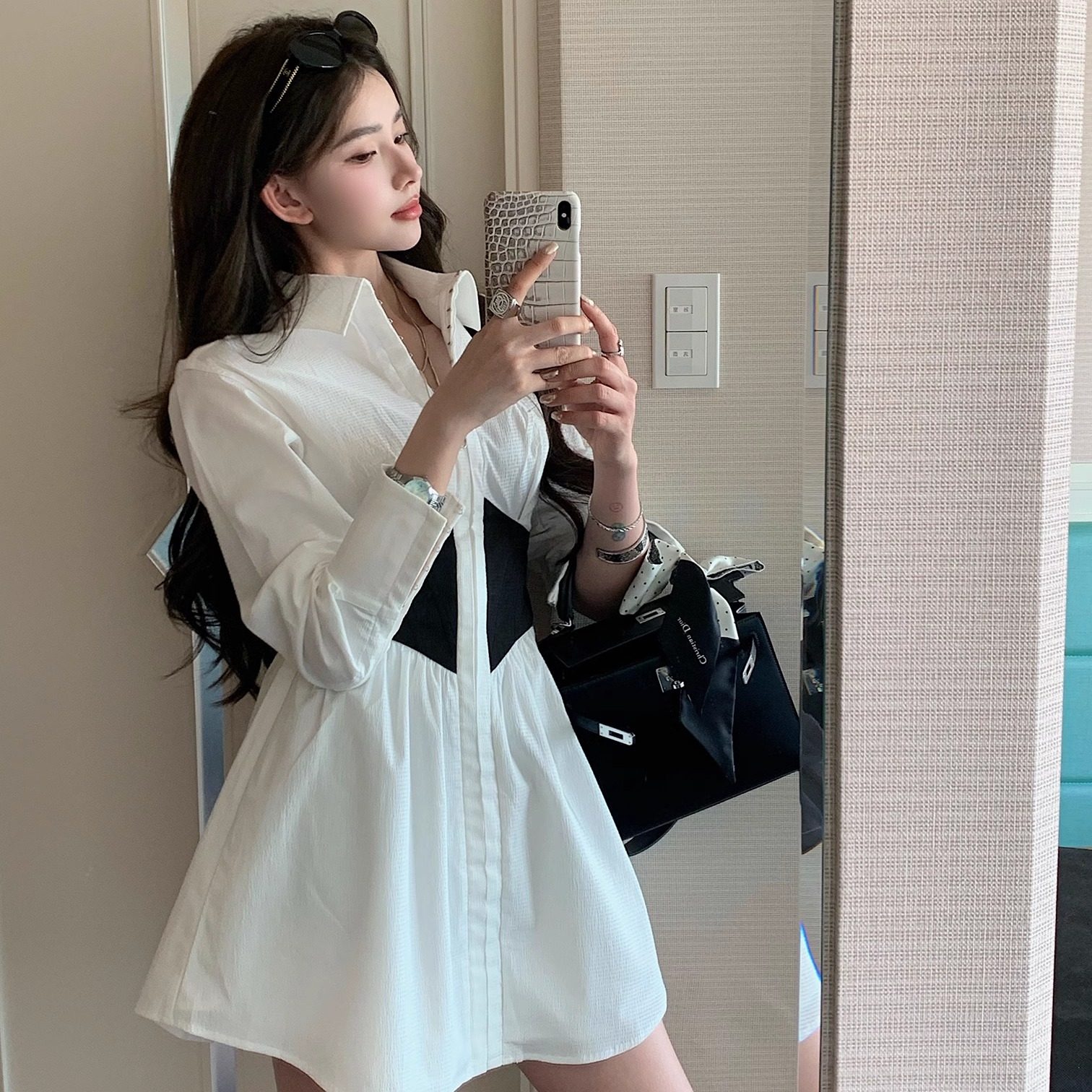 现货【LA黑玛区】买手单品即刻”腰封“瘦腰 黑白双拼衬衫连衣裙