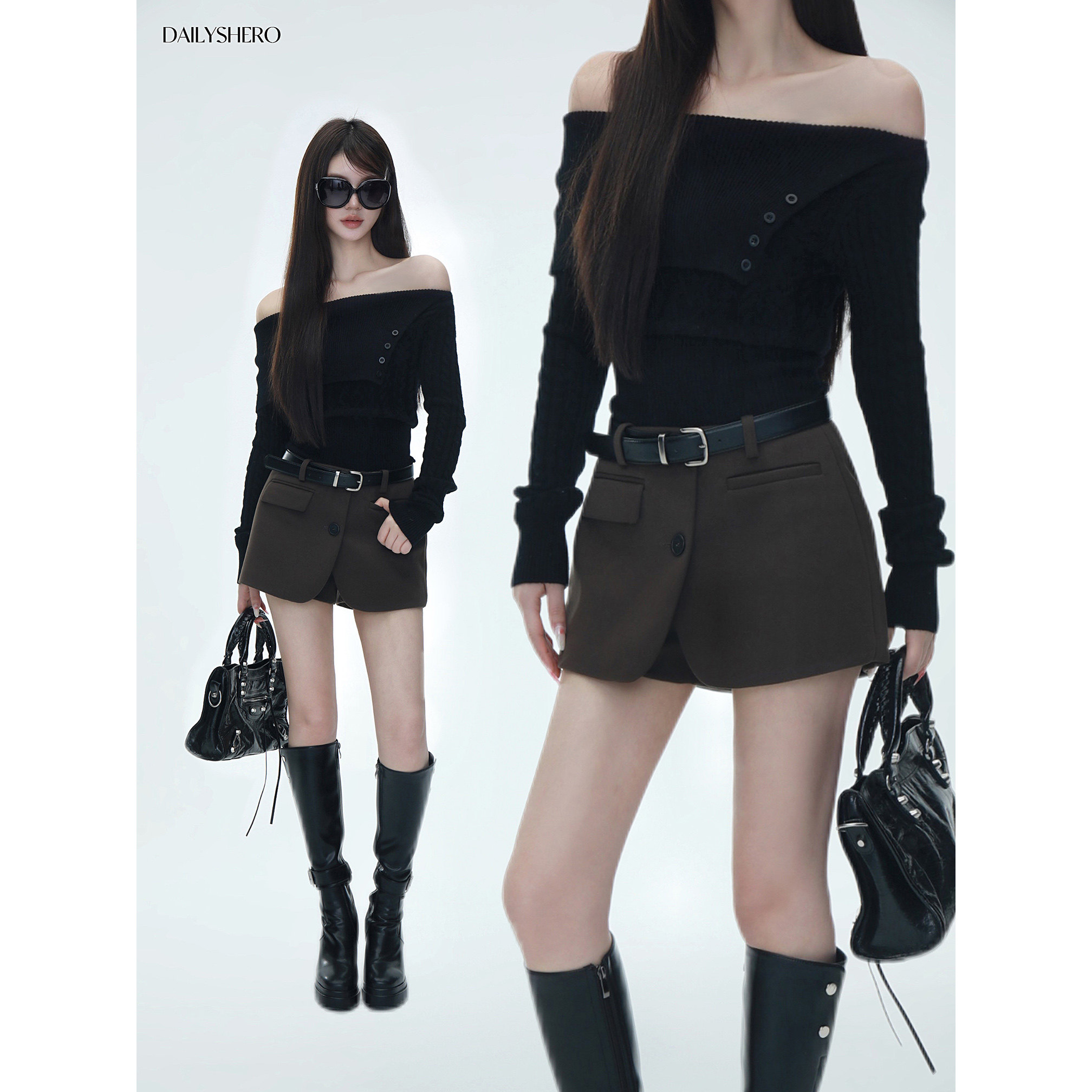 Dailyshero*Granny chic绵羊毛版！一字肩翻领绞花毛衣&西装裤裙,女装/女士精品,时尚套装,淘宝优惠券,粉丝福利购,淘宝优惠卷