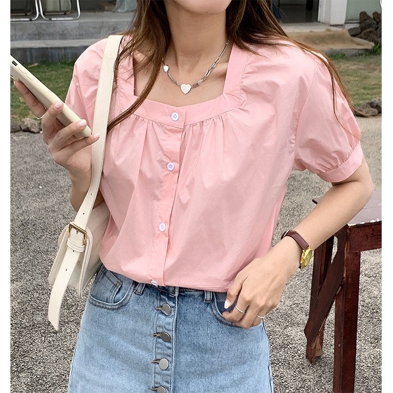 Square collar shirt women's summer new Korean relaxed foreign style age reduced solid color shirt temperament versatile commuter top