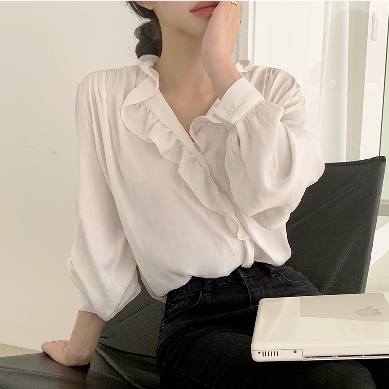 Spring new style long sleeve retro Ruffle chiffon shirt women's loose collar versatile white shirt solid color top