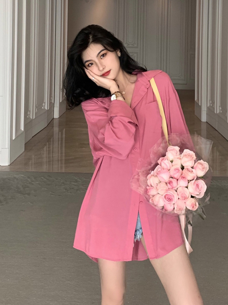 襯衫女春秋新款復古慵懶風寬鬆長袖時尚休閒粉色百搭上衣